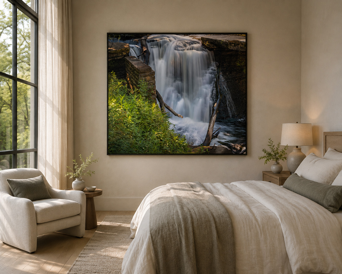Framed Great Falls of Tinker's Creek Bedford Reservation waterfall photograph in a calm modern bedroom